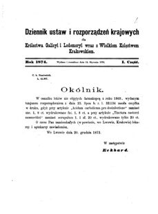 Landes-Gesetz- und Verordnungsblatt für das Königreich Galizien und Lodomerien sammt dem Großherzogthume Krakau 1874bl01 Seite: 1