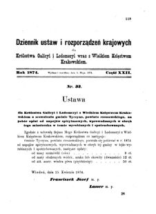 Landes-Gesetz- und Verordnungsblatt für das Königreich Galizien und Lodomerien sammt dem Großherzogthume Krakau 1874bl01 Seite: 119