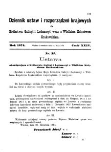 Landes-Gesetz- und Verordnungsblatt für das Königreich Galizien und Lodomerien sammt dem Großherzogthume Krakau 1874bl01 Seite: 129