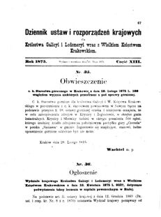 Landes-Gesetz- und Verordnungsblatt für das Königreich Galizien und Lodomerien sammt dem Großherzogthume Krakau 1875bl01 Seite: 67