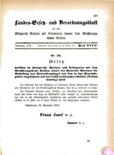 Landes-Gesetz- und Verordnungsblatt für das Königreich Galizien und Lodomerien sammt dem Großherzogthume Krakau 18761028 Seite: 1