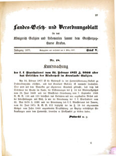 Landes-Gesetz- und Verordnungsblatt für das Königreich Galizien und Lodomerien sammt dem Großherzogthume Krakau 18770306 Seite: 1