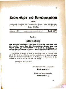 Landes-Gesetz- und Verordnungsblatt für das Königreich Galizien und Lodomerien sammt dem Großherzogthume Krakau 18770703 Seite: 1