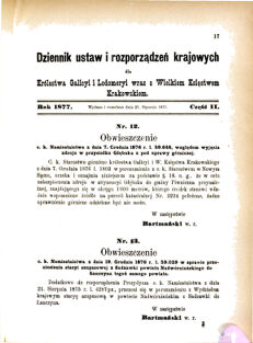 Landes-Gesetz- und Verordnungsblatt für das Königreich Galizien und Lodomerien sammt dem Großherzogthume Krakau 1877bl01 Seite: 17