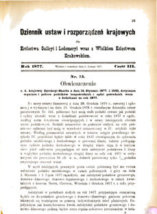 Landes-Gesetz- und Verordnungsblatt für das Königreich Galizien und Lodomerien sammt dem Großherzogthume Krakau 1877bl01 Seite: 23