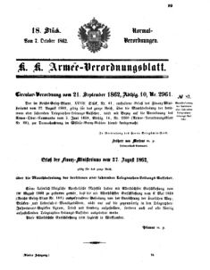 Verordnungsblatt für das Kaiserlich-Königliche Heer 18621007 Seite: 1