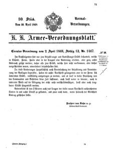 Verordnungsblatt für das Kaiserlich-Königliche Heer 18680410 Seite: 1