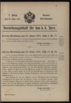 Verordnungsblatt für das Kaiserlich-Königliche Heer 18760130 Seite: 1