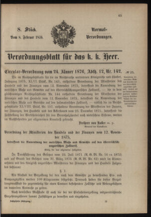 Verordnungsblatt für das Kaiserlich-Königliche Heer 18760208 Seite: 1