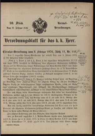 Verordnungsblatt für das Kaiserlich-Königliche Heer 18760218 Seite: 1