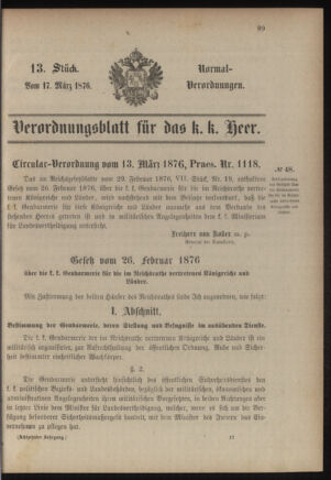 Verordnungsblatt für das Kaiserlich-Königliche Heer 18760317 Seite: 1