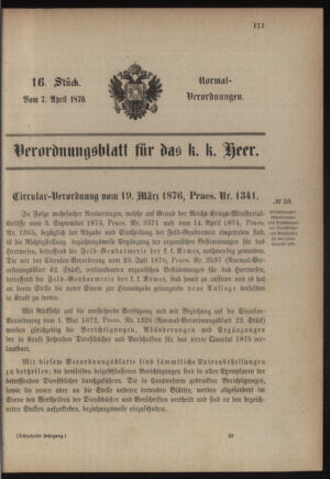 Verordnungsblatt für das Kaiserlich-Königliche Heer 18760407 Seite: 1