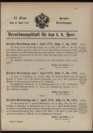 Verordnungsblatt für das Kaiserlich-Königliche Heer 18760412 Seite: 1