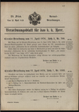 Verordnungsblatt für das Kaiserlich-Königliche Heer 18760422 Seite: 1