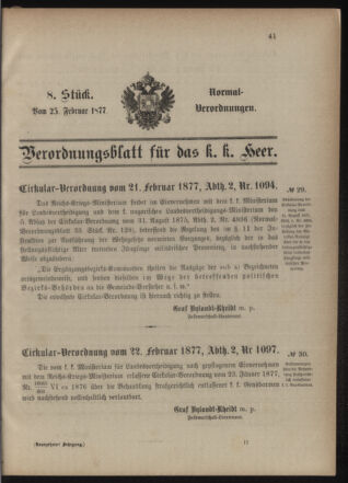 Verordnungsblatt für das Kaiserlich-Königliche Heer 18770225 Seite: 1