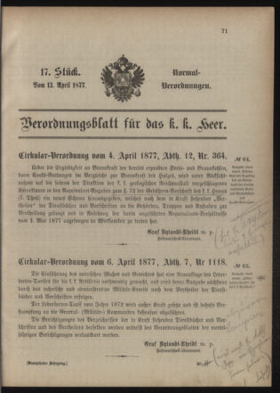 Verordnungsblatt für das Kaiserlich-Königliche Heer 18770413 Seite: 1