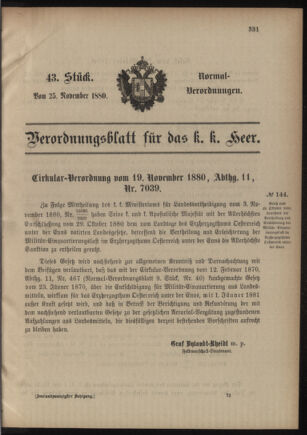 Verordnungsblatt für das Kaiserlich-Königliche Heer 18801125 Seite: 1