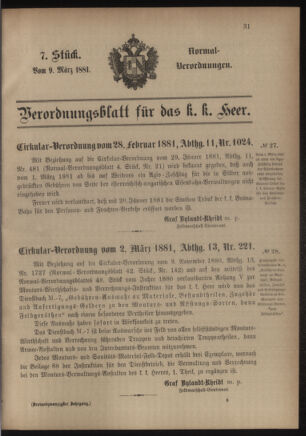 Verordnungsblatt für das Kaiserlich-Königliche Heer 18810309 Seite: 1