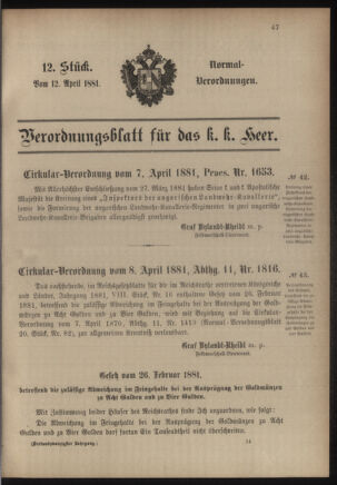 Verordnungsblatt für das Kaiserlich-Königliche Heer 18810412 Seite: 1