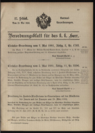 Verordnungsblatt für das Kaiserlich-Königliche Heer 18810521 Seite: 1