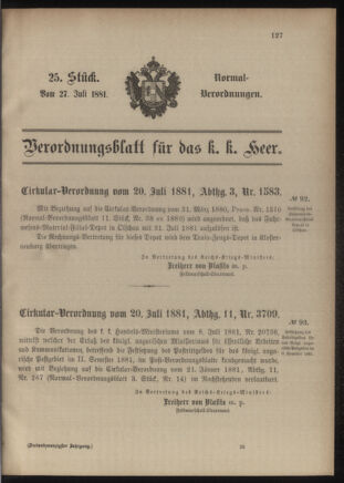 Verordnungsblatt für das Kaiserlich-Königliche Heer 18810727 Seite: 1