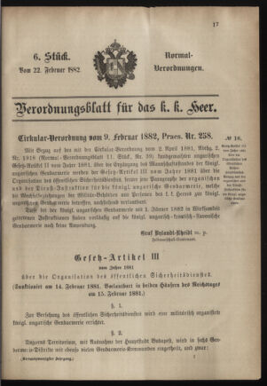 Verordnungsblatt für das Kaiserlich-Königliche Heer 18820222 Seite: 1