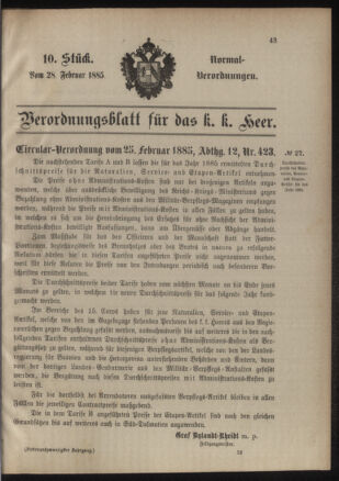 Verordnungsblatt für das Kaiserlich-Königliche Heer 18850228 Seite: 7