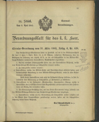 Verordnungsblatt für das Kaiserlich-Königliche Heer 18850409 Seite: 1