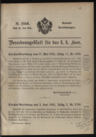 Verordnungsblatt für das Kaiserlich-Königliche Heer 18850622 Seite: 1