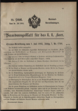 Verordnungsblatt für das Kaiserlich-Königliche Heer 18850710 Seite: 1