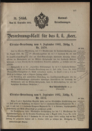 Verordnungsblatt für das Kaiserlich-Königliche Heer 18850912 Seite: 1