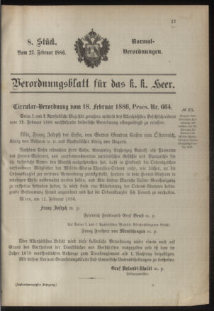 Verordnungsblatt für das Kaiserlich-Königliche Heer 18860227 Seite: 1