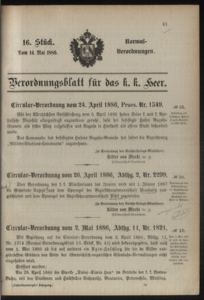 Verordnungsblatt für das Kaiserlich-Königliche Heer 18860514 Seite: 1