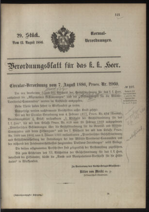 Verordnungsblatt für das Kaiserlich-Königliche Heer 18860813 Seite: 1