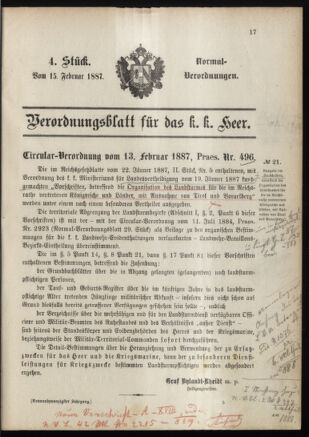 Verordnungsblatt für das Kaiserlich-Königliche Heer 18870215 Seite: 1