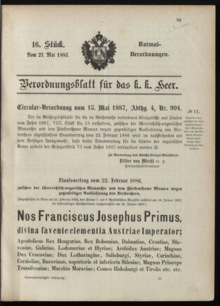 Verordnungsblatt für das Kaiserlich-Königliche Heer 18870527 Seite: 1