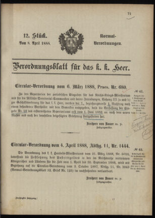 Verordnungsblatt für das Kaiserlich-Königliche Heer 18880408 Seite: 1