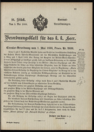 Verordnungsblatt für das Kaiserlich-Königliche Heer 18880505 Seite: 1