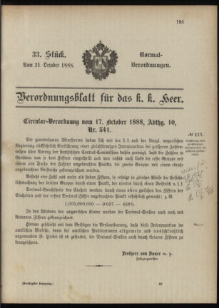 Verordnungsblatt für das Kaiserlich-Königliche Heer 18881021 Seite: 1