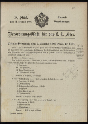 Verordnungsblatt für das Kaiserlich-Königliche Heer 18881211 Seite: 1