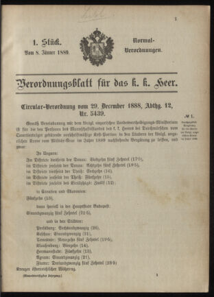 Verordnungsblatt für das Kaiserlich-Königliche Heer 18890108 Seite: 1