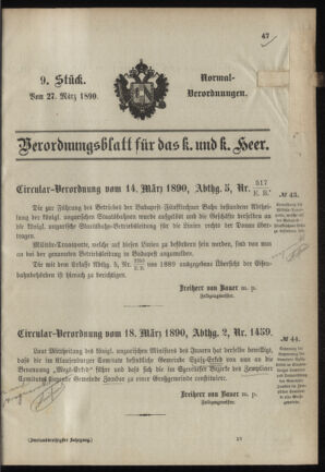 Verordnungsblatt für das Kaiserlich-Königliche Heer 18900327 Seite: 1