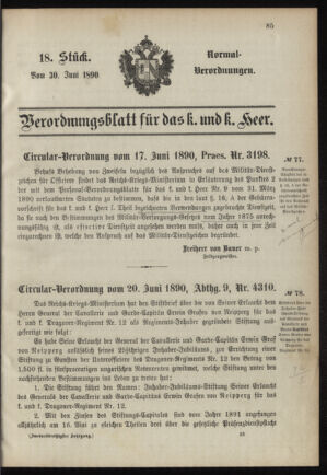 Verordnungsblatt für das Kaiserlich-Königliche Heer 18900630 Seite: 1