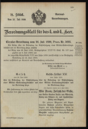 Verordnungsblatt für das Kaiserlich-Königliche Heer 18900731 Seite: 1