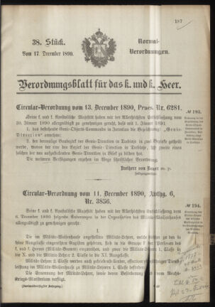 Verordnungsblatt für das Kaiserlich-Königliche Heer 18901217 Seite: 1