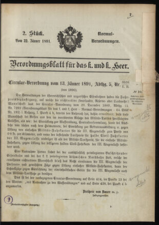 Verordnungsblatt für das Kaiserlich-Königliche Heer 18910122 Seite: 1