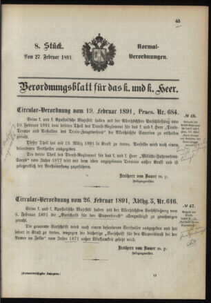 Verordnungsblatt für das Kaiserlich-Königliche Heer 18910227 Seite: 1