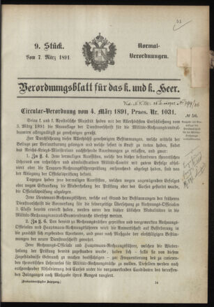 Verordnungsblatt für das Kaiserlich-Königliche Heer 18910307 Seite: 1