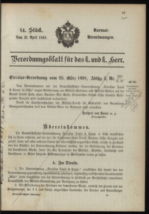 Verordnungsblatt für das Kaiserlich-Königliche Heer 18910421 Seite: 1