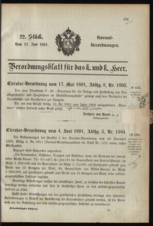 Verordnungsblatt für das Kaiserlich-Königliche Heer 18910611 Seite: 1